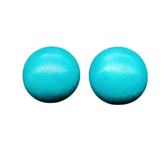 Vintage Teal Button Stud Earrings Minimalist 1980s Style Lightweight Wooden - Picture 2 of 4